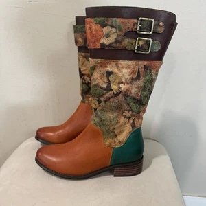 SPRING STEP L’ARTISTE Tan Turquoise Barbie Leather Floral Boots Sz 35 / 5 - Picture 1 of 9