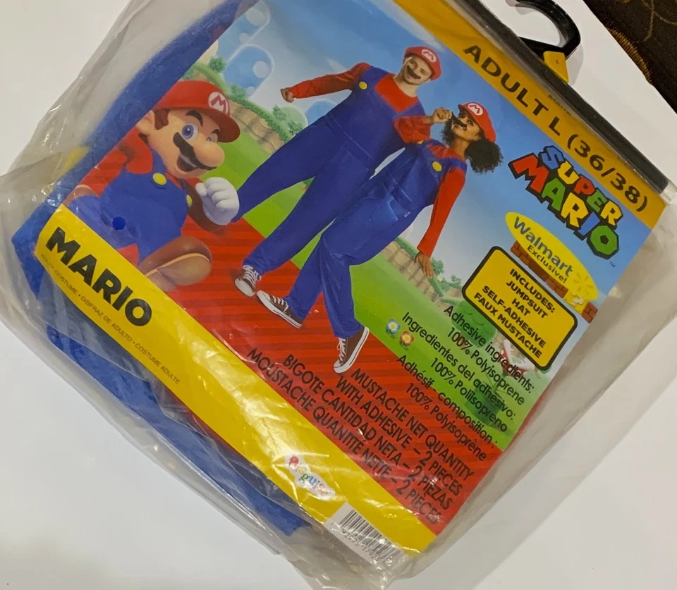 Adult Super MARIO COSTUME L 36/38 NEW Jumpsuit Hat Mustache 3pc LARGE Nintendo - Image 1 of 1