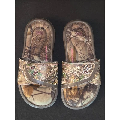 Under Armour Kids Slides Sandals Youth Camo Pink Logo Slip On Shoes - Image 1 of 4