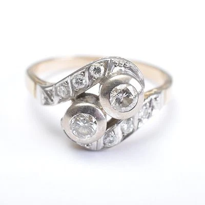 Jugendstil Diamantring, Toi et Moi Ring, 14 Karat Gold, RG 61, 5,3 Gramm - Bild 1 von 4