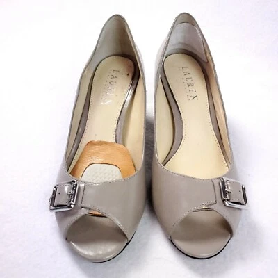 Ralph Lauren Pumps Heels Patent Leather Women 5.5 B Work Buckle Peep Toe Taupe - Image 1 of 4