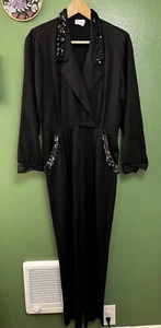 Vintage 80er Jahre Jumpsuit Disco Damen Pailletten schwarz M Kragen - Bild 1 von 18