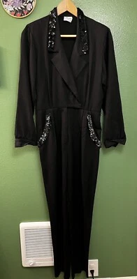 Vtg 80s Jumpsuit Disco Womens Sequin Black M Collared - Image 1 of 4