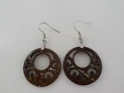 COCONUT SHELL DANGLE EARRINGS BROWN CARVED CONCENTRIC CIRCLE NATURAL JEWELRY