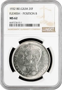 Belgium 20 francs 1932 Flemish - Pos. B, NGC MS62, "King Albert I (1910 - 1934)" - Picture 1 of 2