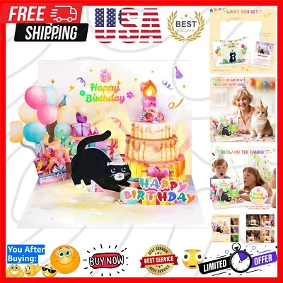 Birthday Cards, Cute Cat MUSIC & LIGHTS & BLOWABLE CANDLE Funny Pop up Happy ... - Image 1 of 4
