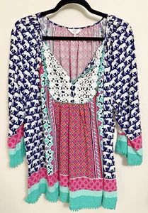 Crown & Ivy Women's Blouse Boho Elephant Print Hippie 3/4 Sleeve Pink Blue 2X - Picture 1 of 10