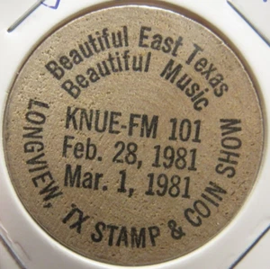 1981 KNUE FM RADIO Longview, TX Wooden Nickel - Token Texas - Picture 1 of 2