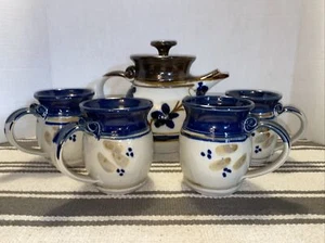 Vintage Handmade Pottery Coffee / Tea Pitcher & 4 Mugs Blue Brown Floral Glazed - Picture 1 of 12