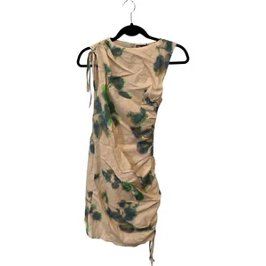 Zara Womens Sheath Dress XS Cream Mini Linen Blend Ruched Printed 2896/303 NWT - Picture 1 of 9