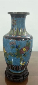 Antique Chinese Cloissone Enameled Vase with Base, Garden Themed, c1900/9’’ Tall - Picture 1 of 7