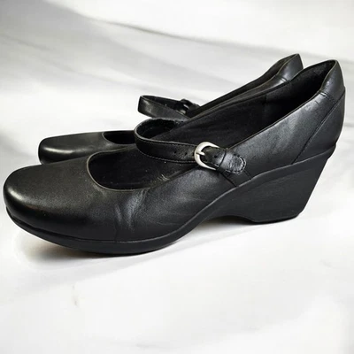 Clarks Bendables Black Leather Mary Jane Wedge Shoes Womens 8.5 Wide Comfort - Image 1 of 4