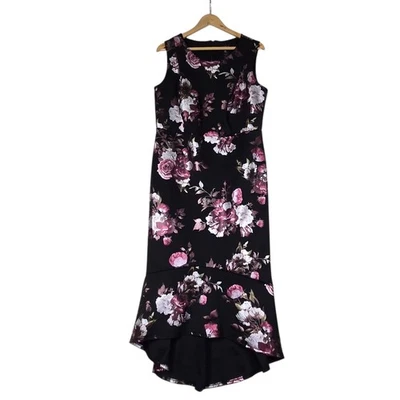 Maxi Vestido Vaina Enfocus Alto Bajo 14W Negro Rosa Floral Rosa Sin Mangas Noche Foto 1 de 4