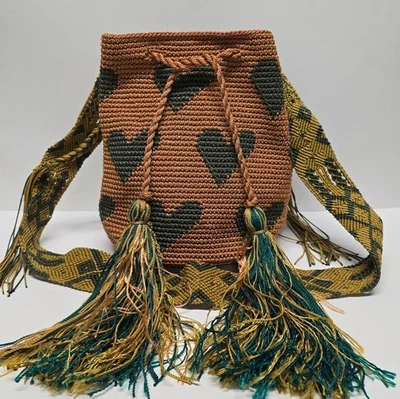 Heart Pattern Hand Crochet Wayuu Style Boho Ethnic Drawstring Shoulder Bag - Image 1 of 4