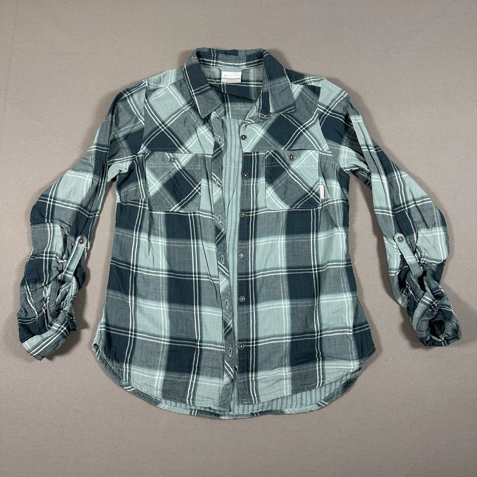 Camisa Columbia con botones a cuadros azul pequeña para mujer Foto 1 de 4