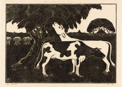 Two Cows Bernard Essers 1931 Woodcut – Rustic Modernist Farm Animal Decorative - Image 1 of 2