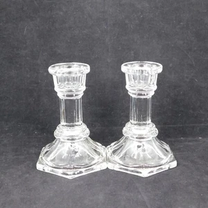 Lot of 2 FTDA Pressed Clear Glass Candlestick Holder 4 1/4" tall Hexagonal Base - Picture 1 of 10