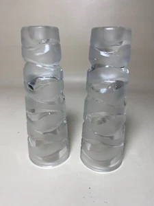 Pair JG Durand Art Deco Clear Satin Frosted Candlesticks for Taper Candles 7" - Picture 1 of 9