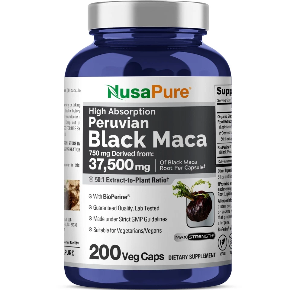 NusaPure Black Maca Root 50 1 Extract 750 mg Equivalent to 37 500 mg 200 Veggie