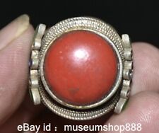 1.2" Old Chinese Miao Silver Cloisonne Red Coral Flower Finger Jewelry Ring S48