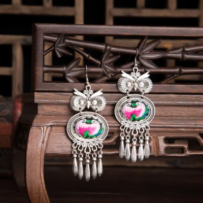 Bohemian Embroidery Earrings Ethnic Retro Fringe Hook Dangle Drop Handmade BOHO - Image 1 of 4