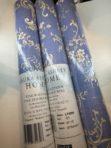 Three (3) Rolls Laura Ashley LY4394 Double Roll Wallpaper Blue And Beige - Picture 1 of 5