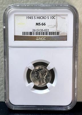 1945-S MICRO S MERCURY DIME 10c GRADED BY NGC MS66-Stunning! - Image 1 of 4