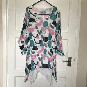 Mudflower White Pink Green Dress Size 16 3/4 Sleeve Round Neck Knee Length - Picture 1 of 9