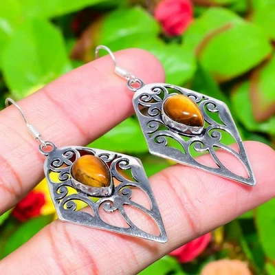Tiger Eye Gemstone 925 Sterling Silver Gift Jewelry Earring 2.32" G030 - Image 1 of 4