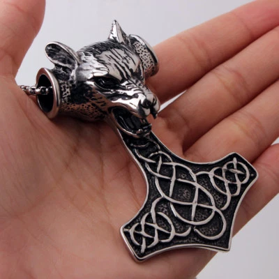 Collar colgante de lobo de acero inoxidable Thor's Hammer amuleto vikingo Mjolnir para hombre Foto 1 de 4