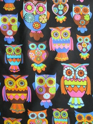 OWLS HOOT OWLS COLORED BLACK OWL COTTON FABRIC FQ - Image 1 of 4