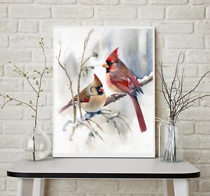 Northern Red Cardinal Love Birds Watercolor Print or Poster Various Sizes - Picture 1 of 8
