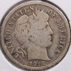 1914-D Barber Silver Dime, Very Good Circulated Coin, Store Sale #d914D03 - Picture 1 of 2