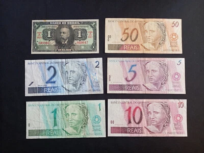 BRAZIL 1 MIL REIS (1923) + 1 + 2 + 5 + 10 + 50 (1994) REAIS Banknotes - Image 1 of 2