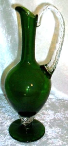 Vintage Empoli Emerald Green Art Glass Pitcher Vase Clear Twist Accents Italy - Picture 1 of 19