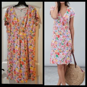 Joules Jude White Meadow Colorful Floral Cotton Blend V-Neck Stretch Dress 14 - Picture 1 of 7