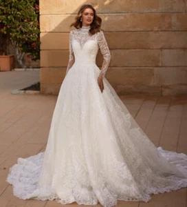Elegant A-Line Wedding Dresses High Neck Long Sleeves Lace Applique Bridal Gowns - Picture 1 of 8