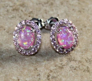 Orecchini a perno ovale ARGENTO eleganti rosa opale di fuoco e kunzite rosa regalo donna - Foto 1 di 1