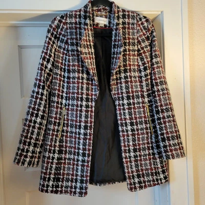 Chaqueta Abrigo Topper Tweed Calvin Klein Mujer Petite Negro Blanco Rojo Talla 6P Foto 1 de 4