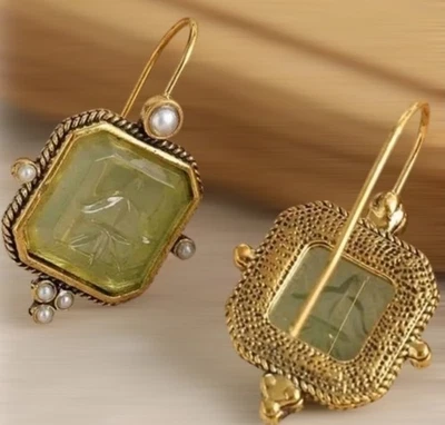 Pendientes Museo Cuarzo Perla Translúcido Eduardiano Intaglio Camafeo Oro Verde Foto 1 de 4