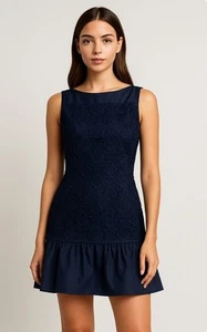 Moncler Navy Blue Floral Ruffled Hem Nylon Mini Dress Size 40 US M - Picture 1 of 9