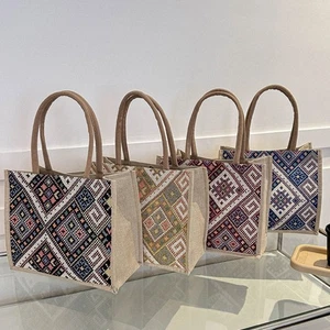 Ethnic Style Linen Tote Bag Large Capacity Multicolor Women's Handbag 33.5x28.5c - Picture 1 of 23