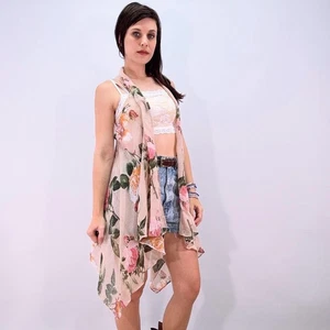 Vintage 90s Y2k Vest Pink Floral Loosely Woven Gaze Draped Wrap Top Cottagecore - Bild 1 von 9