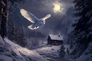 Moon Flying Owl Bird Oil Painting Home Decor Wall Art Picture Printed On Canvas - Picture 1 of 8