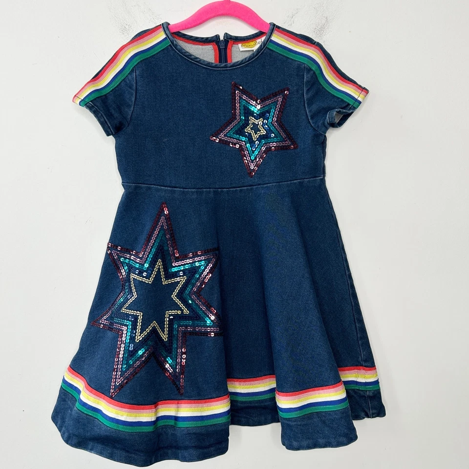 MINI BODEN Dress Girls Size 5-6Y Denim Rainbow Sequin Retro Skater Stars Unique - Image 1 of 4