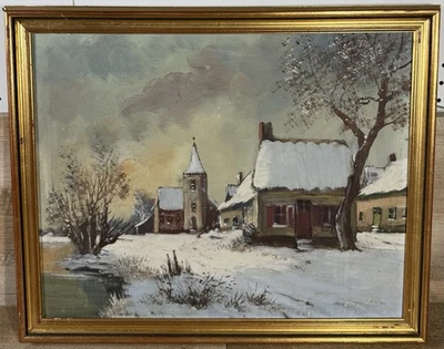 Mid Century Northern French Oil On Canvas Winter Village Scene Signed Framed  - Image 1 of 4