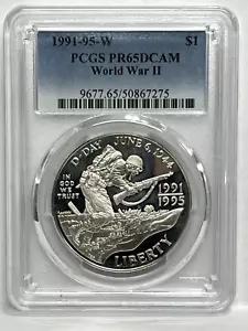 1991-95 W WWII Commemorative Silver Dollar PCGS PR65 DCAM Proof $1 Silver Coin - Picture 1 of 2