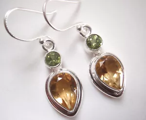 Faceted Peridot and Citrine Teardrop Double Gem 925 Sterling Silver Earrings - Picture 1 of 2