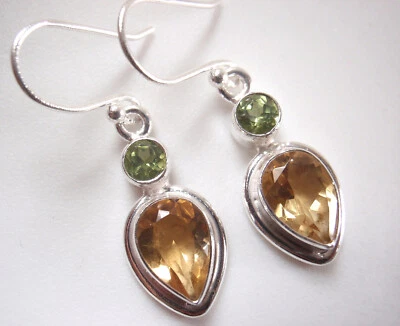 Pendientes de plata de ley 925 con doble gema de peridoto facetado y lágrima de citrino Foto 1 de 2