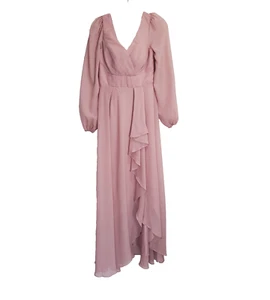 Pomuyoo Wedding Dress Floor Length Dusty Rose Pink Long Sleeve Size 6 Bridesmaid - Picture 1 of 22